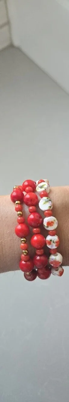 Handmade SemiPrecious Coral Stone And Vintage Ceramic Bead Stretch Bracelet Trio